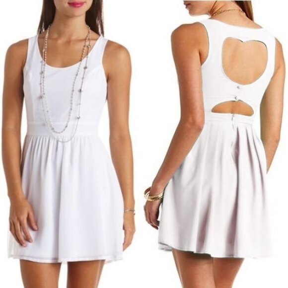 White Open Heart Cut Out Back Chiffon Skater Dress Charlotte Russe b38 - Picture 1 of 10
